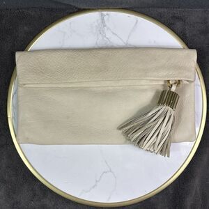 INDIA HICKS CARMEN CLUTCH Women's HANDBAG with Fringe TASSEL Stone Leather 12" L